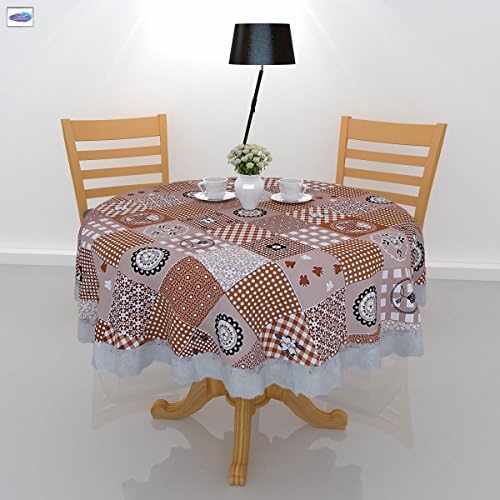 Clasiko 6 Seater PVC Table Cover; White Brown Checks & Floral; Anti Slip; 70 Inches Round; 6 Seater