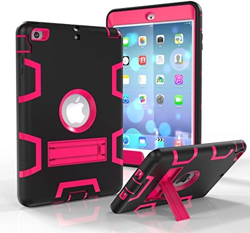 iPad mini Case,Eastcoo Full-body Dual Layered Rugged PC TPU Silicone Army Heavy Duty Shockproof Case with Stand Kickstand Dustproof ipad mini 2 3 Case for Kids(Black/Rose)