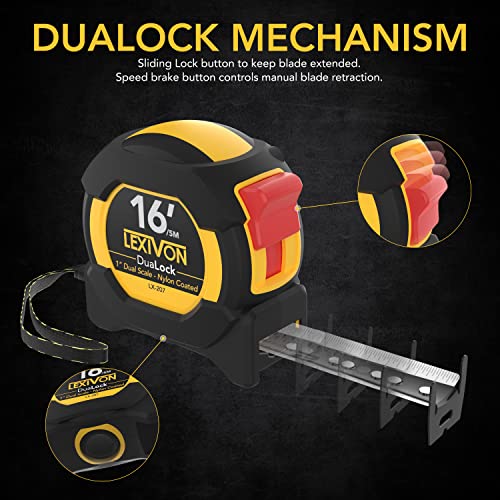 LEXIVON 16Ft/5m DuaLock Tape Measure 1Inch Wide Blade with Nylon