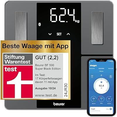 BF 500 Personenwaage mit Bluetooth & App, digitale Körperfettwaage mit Messung von Körperfett, Muskelanteil, Kalorienbedarf etc., XL-Display, Datenübertragung zu Apple Health & co., bis 180 kg