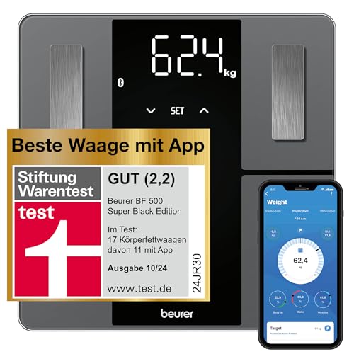 BF 500 Personenwaage mit Bluetooth & App, digitale Körperfettwaage mit Messung von Körperfett, Muskelanteil, Kalorienbedarf etc., XL-Display, Datenübertragung zu Apple Health & co., bis 180 kg