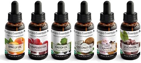 6-Pack 100% Organic Carrier Oil Variety Gift Set for Moisturizing Skin, Hair, & Nails - Apricot Oil, Castor Oil, Coconut Oil, Grapeseed Oil, Jojoba Oil, Sweet Almond Oil (1oz Each)