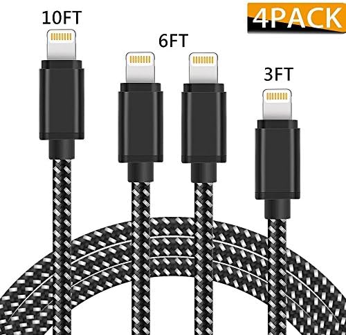 [4 Pack] Lightning cable, [3FT 6FT 6FT 10FT] Durable Nylon Braided Lightning Cord, Data Syncing and Charging Cable Compatible with iPhone X/8/8Plus/7/7 Plus/6/6Plus/6S Plus/5/5s,iPad,iPod