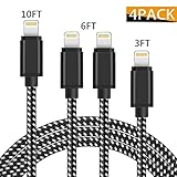 [4 Pack] Lightning cable, [3FT 6FT 6FT 10FT] Durable Nylon Braided Lightning Cord, Data Syncing and Charging Cable Compatible with iPhone X/8/8Plus/7/7 Plus/6/6Plus/6S Plus/5/5s,iPad,iPod