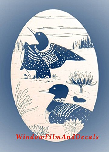 Loon Scene Oval Etched Window Decal Vinyl Glass Cling - 10.5" x 16" - White with Clear Design Elements