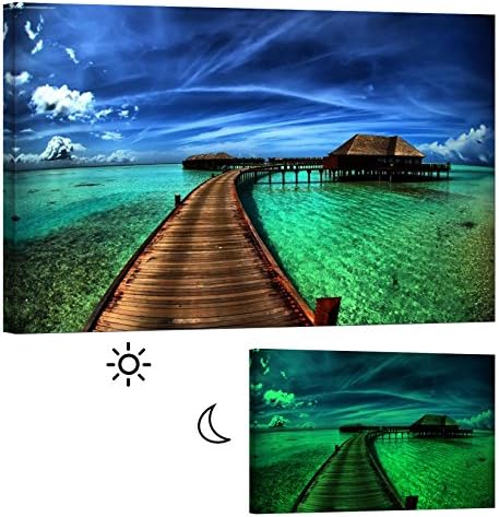 LightFairy Glow in The Dark Canvas Painting - Stretched and Framed Giclee Wall Art Print - Water Houses - Master Bedroom Living Room Decor - 6 Hours Glow - 46 x 32 inch