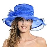 Women's Sheer Wide Brim Sun Party Church Wedding Floral Organza Hat(blue)