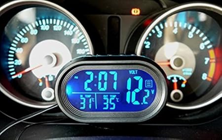 Amazon Mercury コンパクト車載用4in1多機能 車用時計 車内外気温 温度計 バッテリー 電圧計 角度調整可能なスタンド式 車中泊 長距離 旅行など ブルーled 汎用 ユニバーサル カーアクセサリー 時計 コンパス 温度計 車 バイク