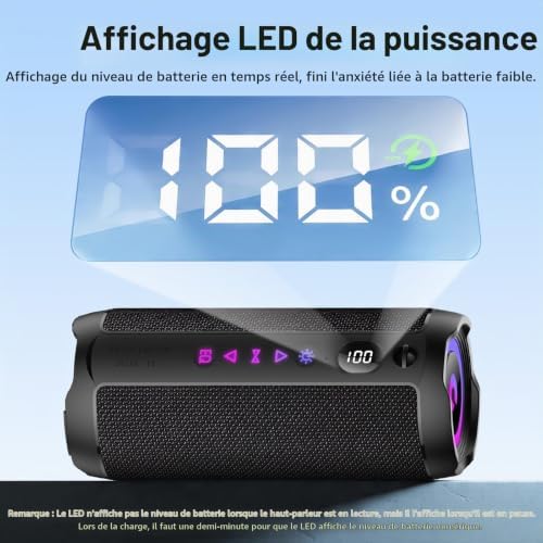 Enceinte Bluetooth Puissante 5.4 sans Fil avec Bass Puissantes, Haut-Parleur Portable 25W, LED Écran, Autonomie 25H,Son Surround à 360 degrés,Appairage TWS,AUX,TF Carte,pour l'extérieur/La Fête/Voyage