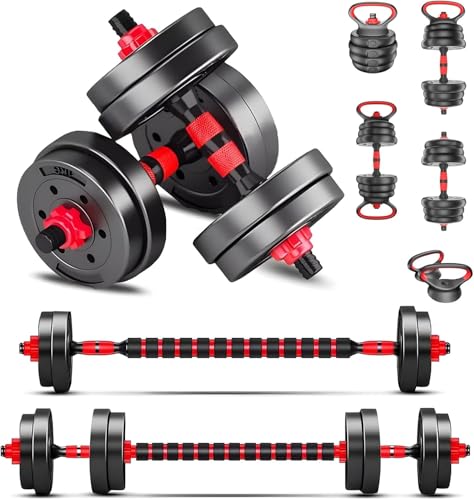 Kit de Pesas y Mancuernas, Barras para Ejercicio Multiusos,10/15 KG Set de Mancuernas Ajustables con 4 Modos como Barra, pesas rusa y mas combinaciones para Hombres/Mujeres