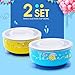 Baby Mate 2 PCS Detachable Double Layer Stay Put Suction Bowls with Lids (12oz/350ml, Blue & Yellow) - Stainless Steel Feeding Set for Kids - Anti-Scald Suction Bowls for Toddlers - Baby Shower Gifts