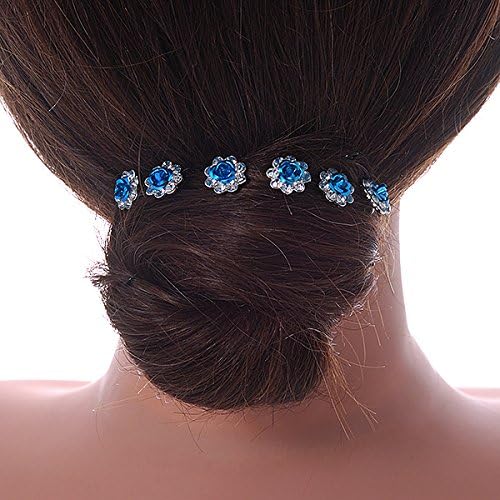 Bridal/Wedding/Prom/Party Set Of 6 Clear Austrian Crystal Teal Blue Rose Flower Hair Pins In Silver Tone, Blue,Rose,Silver - Image 3