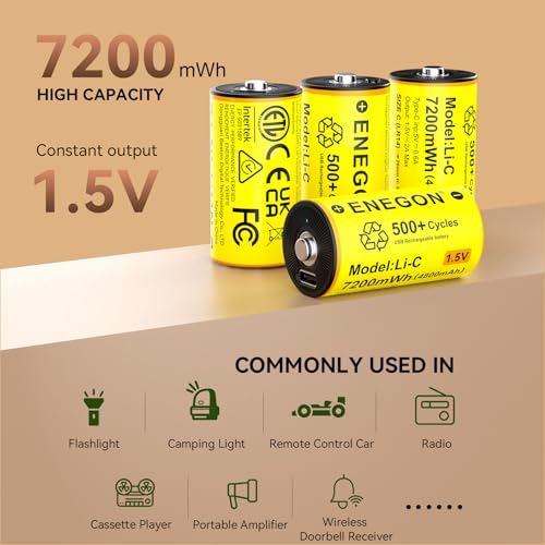ENEGON Rechargeable C Batteries 1.5V 7200mWh, High Capacity C Lithium Battery with Type C Charging Cable, Low Self-Discharge, Rechargeable Type C / R14 / LR14 Batteries (4 pack)
