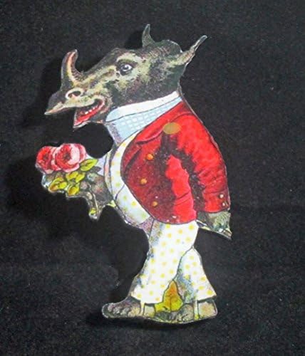 Courting Rhino, Handcrafted Wood, Pin Jewelry Brooch, Girlfriend Gift Egyptian Jungle, Zoo Animal,Rose Bouquet, Red Jacket, Dressed,Animals