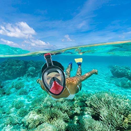 EVOLAND Snorkel Mask Full Face for Kids Youth, Diving Snorkeling Mask Anti-Fog Set with Fins, 180° View, GoPro Mount, Easy Breath Dry Top Design, Adjustable Head Straps