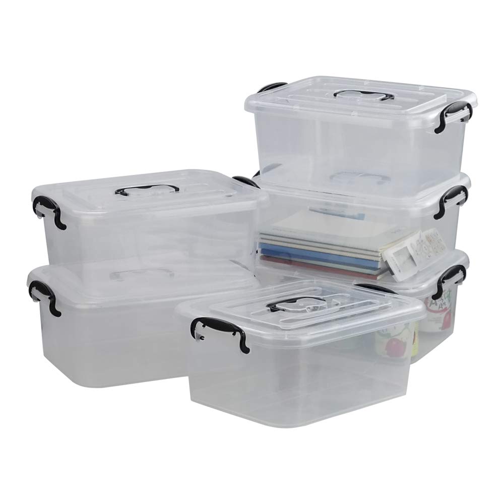 Xowine 8 L Plastic Storage Boxes with Lid and Latch, Set of 6, Transparent Clear