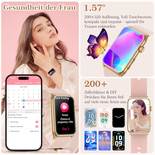 Marsyu 2026 Women's Smartwatch with ECG/Blood Pressure/HRV/Sleep Monitor/BMI, 1.57 Inch Health Watch with Phone Function, 24H Blood Pressure Monitor, Uric Acid, Heart Rate Monitor, SpO2, Menstrual