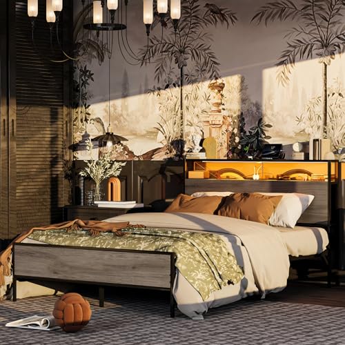 Simple Wisdom Cama Matrimonial 1.4 M con Base y Cabecero de Almacenamiento, 2 Salidas de Carga y 2 Puertos USB y Luces LED(Gris)