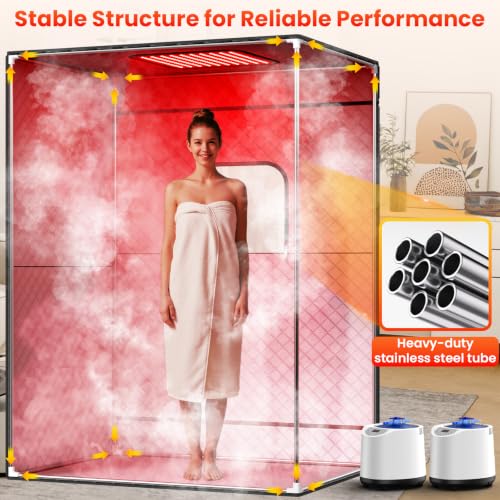 2 Person Sauna Portable Infra-red Sauna Box, Upgraded Home Sauna Tent with 160 LEDs Dual 660nm & 850nm RedLight, 2 Steamers, 5-Layer Waterproof, 99-Min Timer & Remote for Relaxation