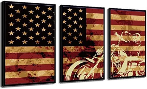 SmartWallArt- 3 Pcs American Flag of United States Wall Decor Paintings,USA Flag Picture Canvas Print /Floater Frame |Carboard Frame |Stretched/ (02: Skull Riding, Floater Frame)