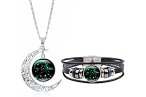 Dcfywl731 Zodiac Necklace Bracelet Set for Men Gifts 12 Constellation Necklace Bracelet Weave Multilayer Leather Bracelet and Moon Pendant Necklace Christmas Jewelry Set for Women Girls Christmas Gifts