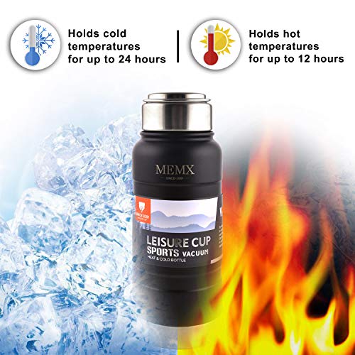 MEMX Stainless Steel Vacuum Insulated Water Bottle, 17 Ounce Sports Thermos Flask, Built-in Filter Thermo Mug, Keeps Hot or Cold with Double Wall Insulated Sweat Proof Design, Black.