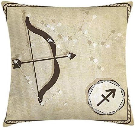 WCMBY Zodiac Sagittarius Throw Pillow Cushion Cover, Hand Drawn Constellation with Silhouette of a Bow and Arrow, Decorative Square Accent Pillow Case, 18 X 18 Inches, Eggshell Dark Taupe