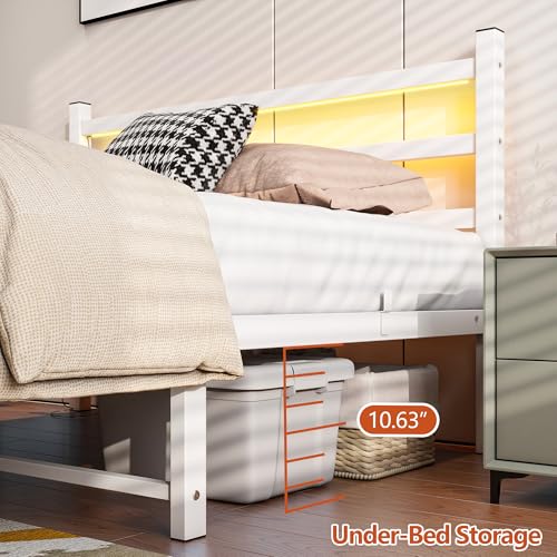 Maliacife Full Bed Frame with Headboard and Footboard,Metal Platform Double Bed Frame with Charging Station and LED, Steel Slats Mattress Foundation, No Box Spring Needed,Noise Free,White