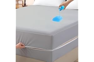 SHREEM LINEN Mattress Protector Queen Size 100% Waterproof Zippered Cover, 15 Inches Deep, Six-Sided Mattress Encasement for Bed, Zipper Closure Style (Light Grey)