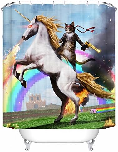 Xboon Cute Cat Riding Horse Pixel Rainbow Fire Print Polyester Fabric Antibacterial Waterproof Shower Curtain (60"W x 72"H)
