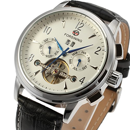 Forsining Men s Automatic Tourbillon Day Calendar Leather Strap Military Collection Watch FSG16577M3S2