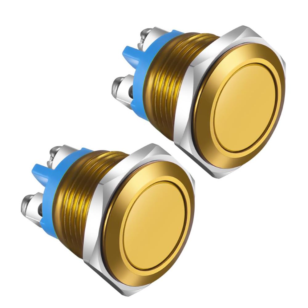 Gebildet 2pcs 16mm Momentary Push Button Switch IP65 3A/12V 24V 36 DC 110V 250VAC 1NO SPST Waterproof Aluminium Alloy Shell Screw Terminal (Gold Case)