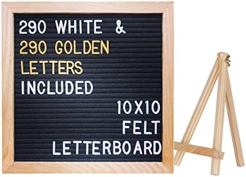 10"x10" Premium Black Felt Letter Board with 290 White and EXTRA 290 Gold Characters | Include Oakwood Stand | 100% Oak Wood Frame | Free canvas letter bag - by Hippo Creation