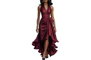 dsumvns Women's Black Long Formal Dresses Halter V Neck Pleated Cocktail Wedding Guest Dress Ruffle Split Elegant Party Dress
