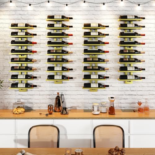 IBUYKE Wall Wine Rack 12 Bottles, Vertical Metal Wine Rack, Golden TMJ909G | Wine Bottle Holder Spirits Champagne Wine Rack Mounted DIY for Kitchen Dining Bar