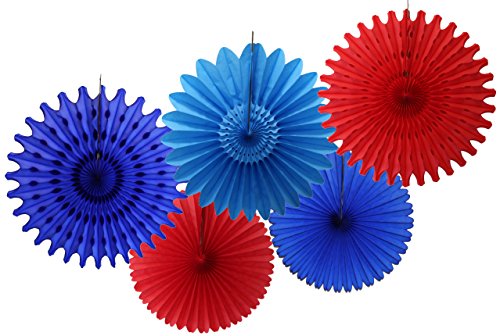 Set of 5 Tissue Paper Party Fan Decorations, 13 and 18 inches (Red, Dark Blue, Turquoise)