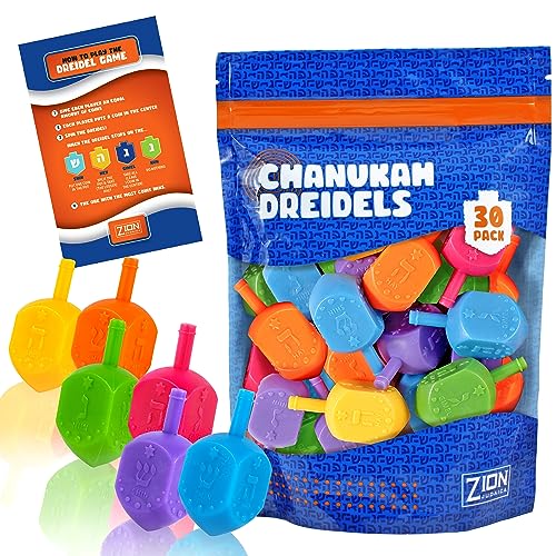 Zion Judaica Plastic Hanukkah Dreidels Assorted Colors w/Hebrew & English Transliteration Bulk Pack Chanukah Driedels in Ziplock Bag Traditional Hanukah Game Colorful Spinning Top Chanukkah Toy 30-PK