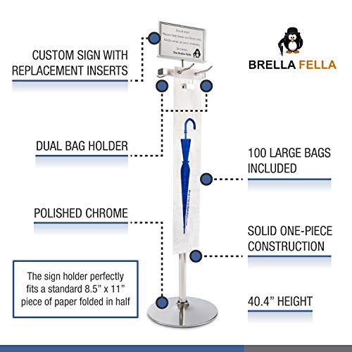 Brella Fella Wet Umbrella Bag Wrapper Stand Station Solution with Sign
