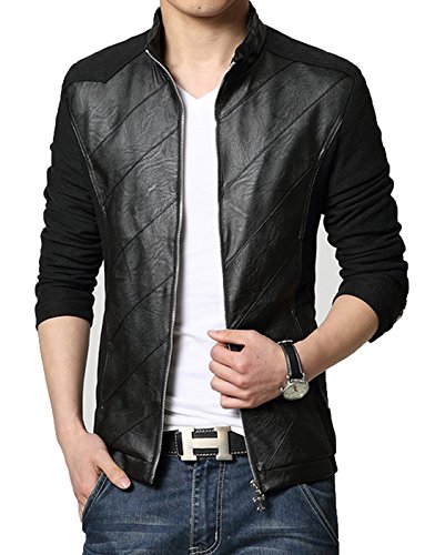 LOVECC Mens Jacket PU Pachwork Slim Fit Cotton Casual Jacket,Black Asian 3XL/US M