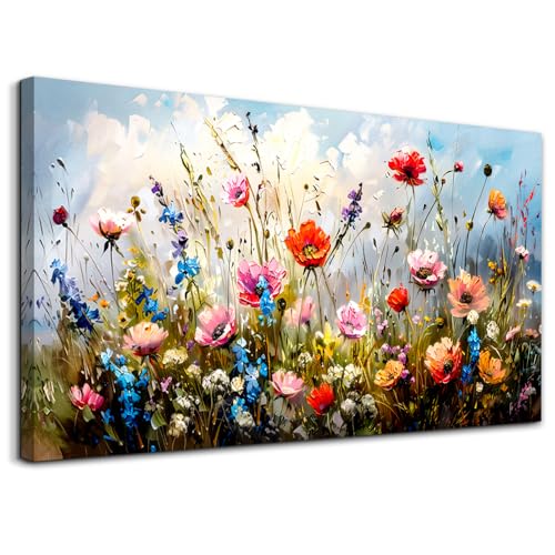 hyidecorart Large Modern Living Room Decoration Paintings, 59 x 119 cm, XXL Decorative Canvas, Wall, Bedroom, Decorative Wall Sheets, Blue Sky and Sea of Flowers, Wall Art Dining Room Office Hallway Bathroom
