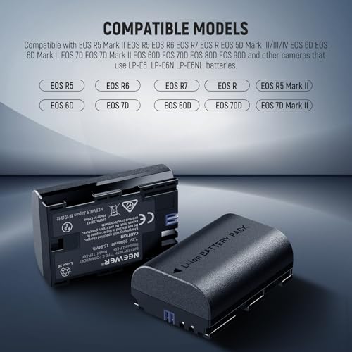 NEEWER 2 Pack 2400mAh LP-E6P LP-E6NH LP-E6N LP-E6 Replacement Battery and USB Double Charger, Compatible with Canon EOS R5 Mark II EOS R5 EOS R6 EOS R7 EOS R 5D II III IV 6D 6D II 7D 7D II 60D 70D 80D