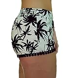 Women's Small Balls Tassel Edge Floral Print Beach Shorts,Yellow/Green
