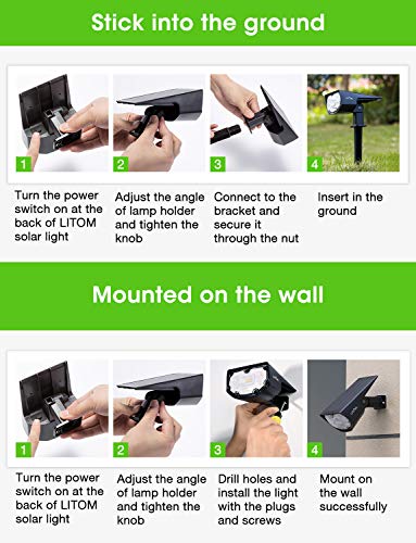 LITOM 12 LED Solar Landscape Spotlights, IP67 Waterproof Solar Powered Wall Lights 2-in-1 Wireless Outdoor Solar Landscaping Light for Yard Garden Driveway Porch Walkway Pool Patio 2 Pack Warm White - Thumbnail 6
