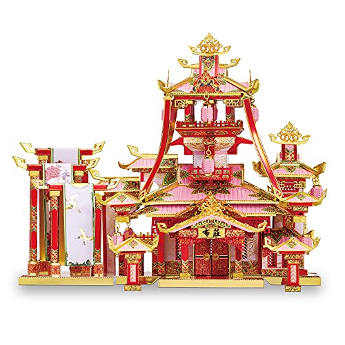 Piececool 3D Metal Puzzles for Adults,Chinese Traditional Building Model Kits to Build for Teenagers Difficult 3D Puzzle Gift Home Decor (Pink&Red)