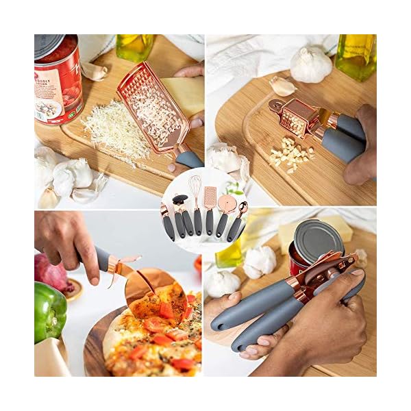 7 Pc Kitchen Tools and Gadgets Copper Coated Stainless Steel, Peeler, Stainless Steel Can Opener, Ice Cream Spoon, Pizza Cutter, Melon Paner, with Soft Touch Grey Handles