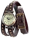 AMPM24 Vintage Coffee Leather Girl Lady Women Slim Wrap Long Bracelet Quartz Watch Gift