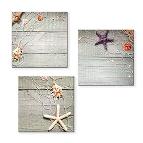 3 Piece Canvas Wall Art for Living Room Bedroom Home Artwork Starfish Shell Fishing Net Sands Beach Paintings Ready to Hang - 12"x12"x3 Panels