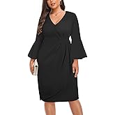 Talisea Women Plus Size Work Dress - Semi Formal Wedding Guest Church Business Office Interview V Neck Bell Sleeve Dress