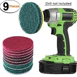 SIQUK 9 Pieces Scrub Pads 4 Inches Drill Power Brush Tile Scrubber Scouring Pads Cleaning Kit including 3 Kinds of Abrasive Buffing Pads Replacement and 1 Pc Hook Attachment for House Cleaning