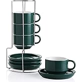 Sweejar Porcelain Espresso Cups with Saucers, 4 Ounce Stackable Cappuccino Cups with Metal Stand for Coffee Drinks, Latte, Tea - Set of 4 (Jade)